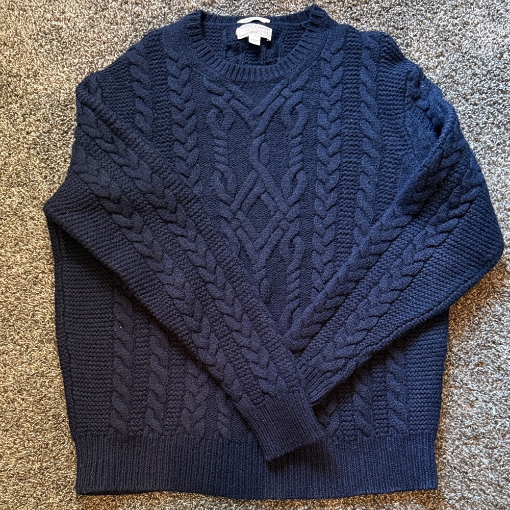 Shetland Wool navy cable knit crewneck sweater